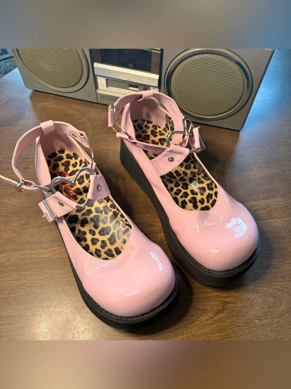 Demonia Women’s Sz 12 Platform Mary Janes Pink Heart Buckle/Strap Shoes